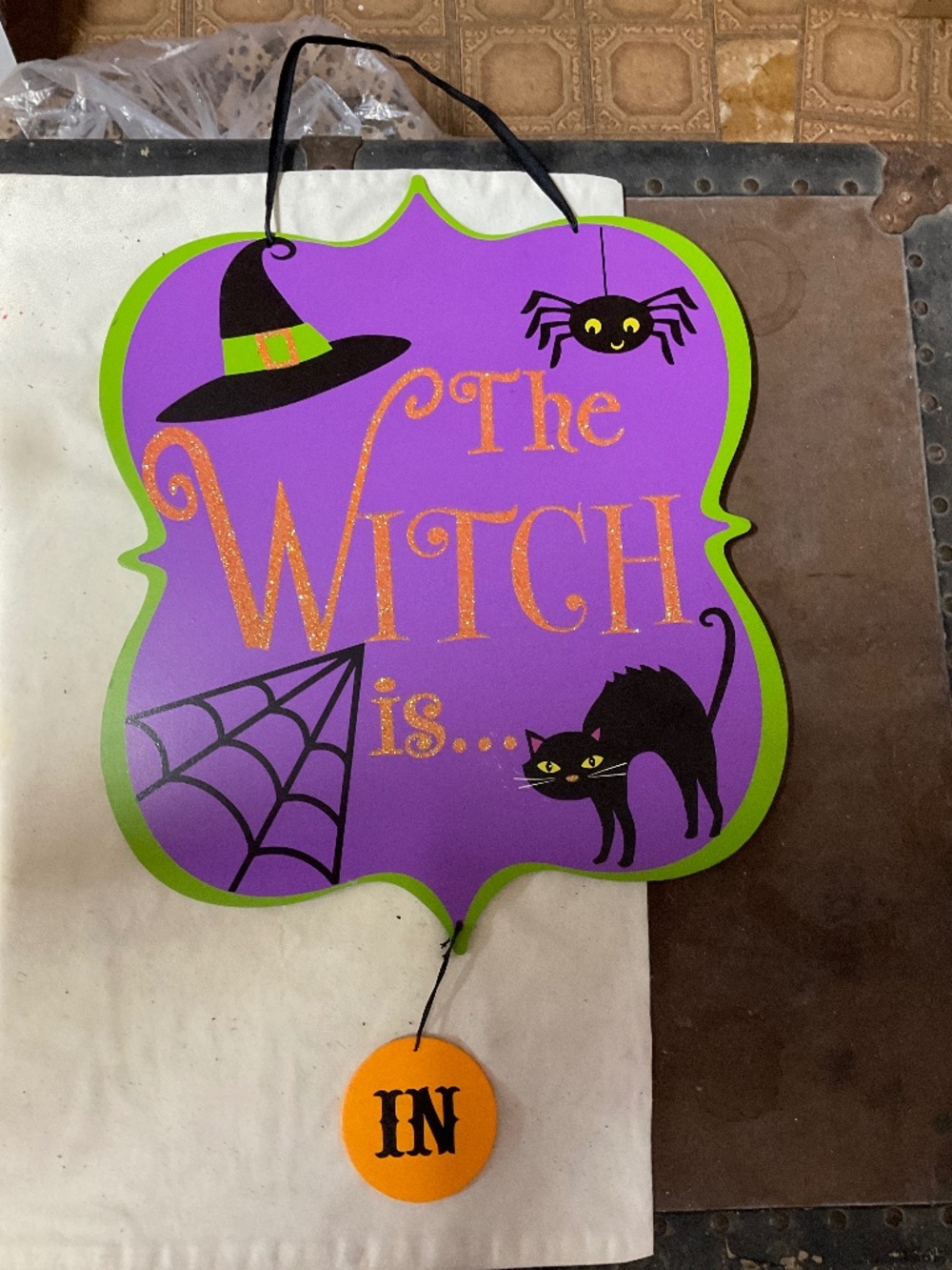 24 x 13 wooden sign -The witch is In/Out. H280